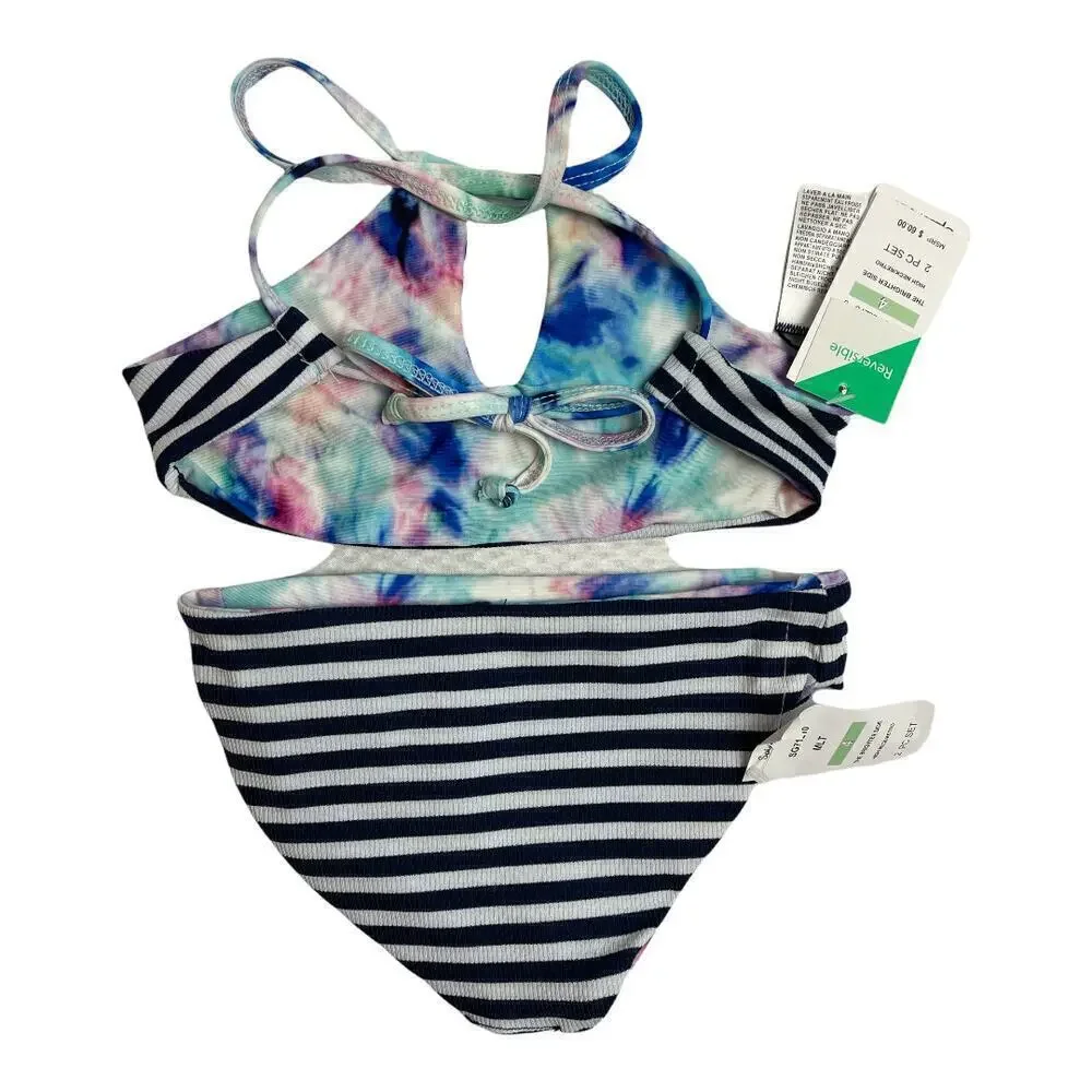 Splendid Blue Tie Dye & Stripe Reversible 2 Piece Bikini Swimsuit Girls Size 4